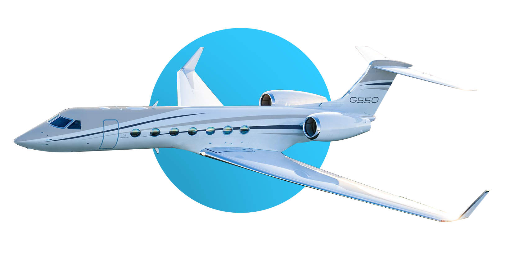 Gulsftream G550 aircraft with Leviate's blue brand circle behind it.