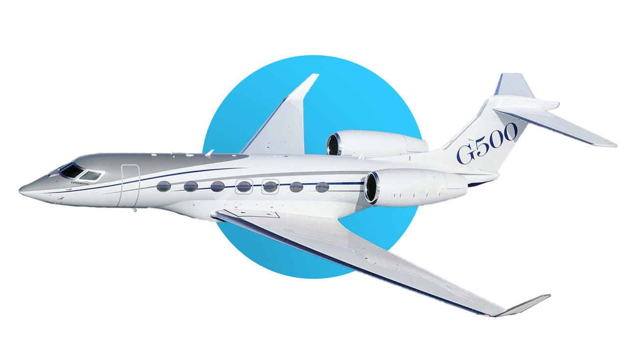 Gulsftream G500 aircraft with Leviate's blue brand circle behind it.
